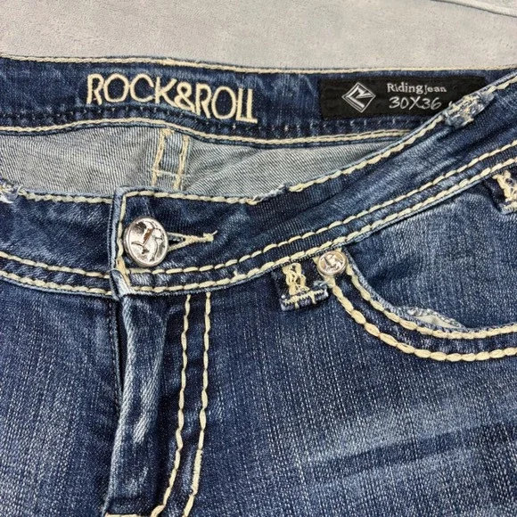 VTG Rock and Roll Cowgirl Riding Jeans 30x36 Measure 34x30 Medium Wash Bootcut - Picture 2 of 8